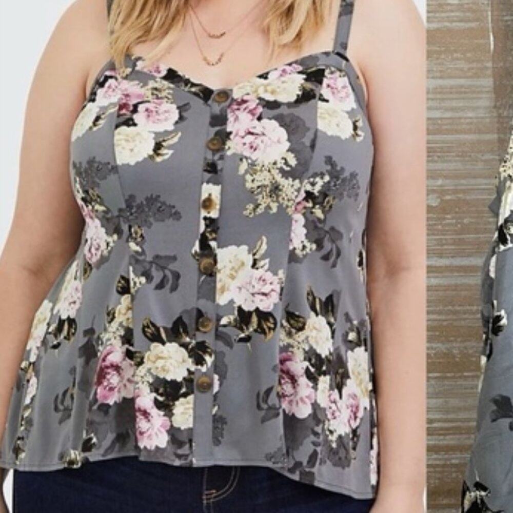 Torrid Grey Floral Fit And Flare Stretch Challis Button Front Midi Cami Sz 5/5x